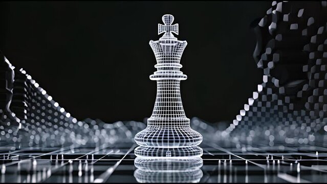 A digital wireframe model of a chess queen on a futuristic grid background