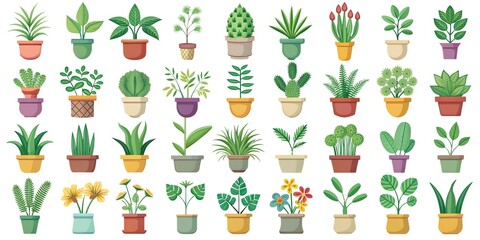 set of flowers and plants Set of icons with nature, flowers, plants, vases, vector icons, illustrations