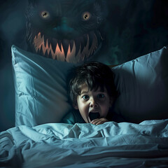 A child in bed looks frightened at a dark, monstrous shadow with branch-like extensions in a dimly lit room, depicting a vivid nightmare scene.