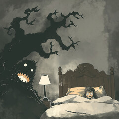 A child in bed looks frightened at a dark, monstrous shadow with branch-like extensions in a dimly lit room, depicting a vivid nightmare scene.