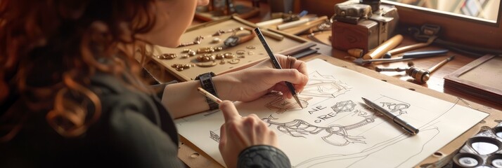 A female goldsmith sits at a desk, concentrating as she sketches a new jewelry design - Powered by Adobe