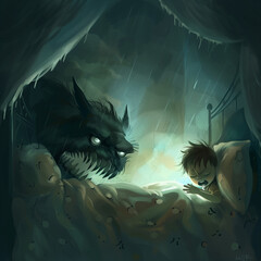 A child in bed looks frightened at a dark, monstrous shadow with branch-like extensions in a dimly lit room, depicting a vivid nightmare scene.