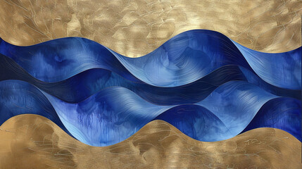  Blue and gold waves on white and gold canvas with black border