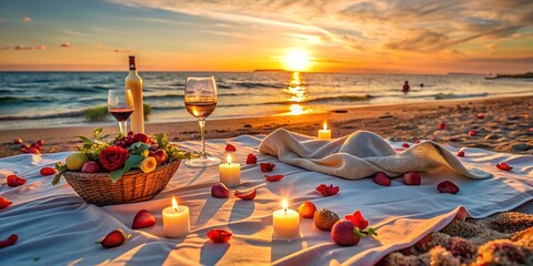 sunset By the sea at sunset, a blanket is lying on the beach, a romantic dinner, a date with wine and various food and candles with roses  - Powered by Adobe