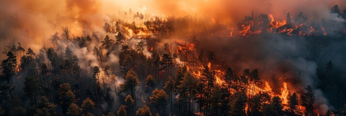 A high-angle view of a forest ablaze with numerous trees engulfed in fire, showcasing the destructive force of wildfires on ecosystems