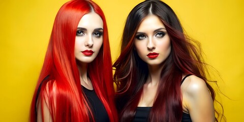 Naklejka premium Two female models on a yellow background, one with red long hair, the other with brown hair, background, wallpaper, model