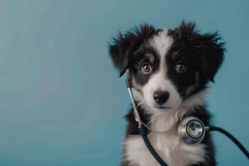 cute border collie puppy with stethoscope veterinary clinic concept pet health care blue background