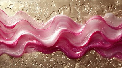   A wavy pink and white wave painting on a gold background with drops of water on one side