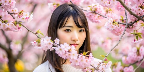 Fototapeta premium Portrait of a Japanese woman with brown hair, a sprig of sakura blooming near her face, around sakura and pink blurred background, beautiful Japanese woman