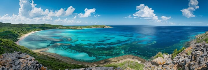 A panoramic view of the ocean from the summit of a mountain, showcasing pristine beaches and clear blue waters - Powered by Adobe