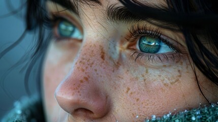 Close-up of a woman's freckled face with expressive green eyes. Her gaze has a depth of emotion, surrounded by dark wavy hair.