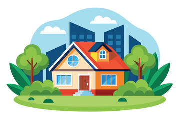 Modern house with green lawn and city skyline in background, real estate concept vector illustration