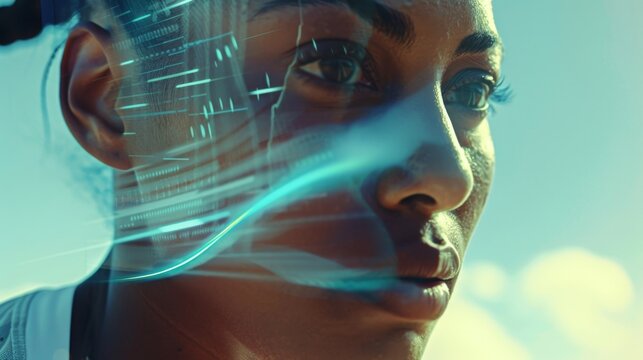 An athlete midrun wearing smart contact lenses that display their heart rate and distance travelled on the HUD.