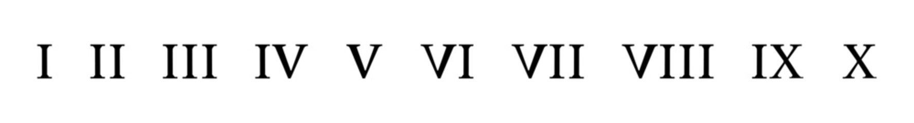 Set of black Roman numerals from 1 to 10. Vector isolated on a white background.