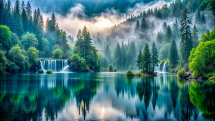  A peaceful sunrise scene over a still mountain lake surrounded by mist. Ideal for travel promotion materials, relaxation themes, or landscape wallpapers. 