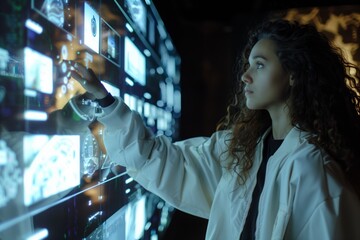 Fototapeta premium Young professional interacting with advanced digital interface in futuristic environment for data exploration