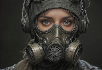 blonde woman wearing a gas mask. generative ai