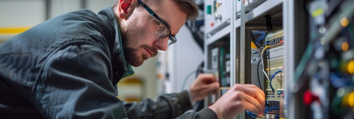 An electronics technician is seen working on an electrical panel in a factory, showcasing advanced technical knowledge and precision