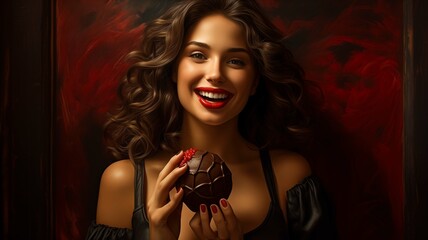 a naturally beautiful brunette woman with subtle make-up and bold red lipstick, smiling brightly while savoring a truffle chocolate