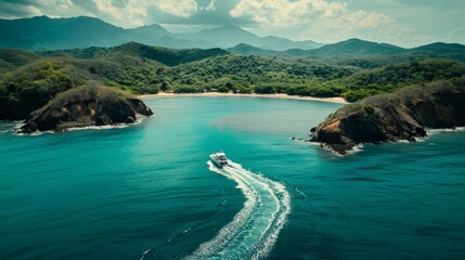 Obraz premium Breathtaking Caribbean scenery featuring teal sea, lush green mountains, boat creating wake; perfect for summer vacations, tropical holidays, adventure. Copy space.