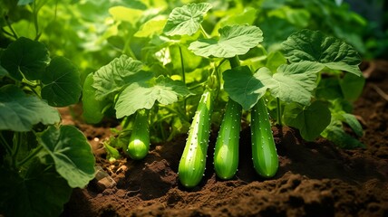 a thriving cucumber plant in a garden, with vibrant green leaves and young cucumbers growing, bathed in natural sunlight