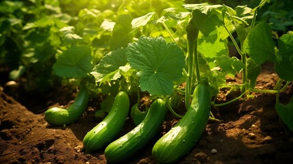 a thriving cucumber plant in a garden, with vibrant green leaves and young cucumbers growing, bathed in natural sunlight