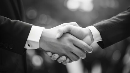 Dynamic business handshake between individuals in black suits symbolizing trust, partnership, and corporate success with blurred background.