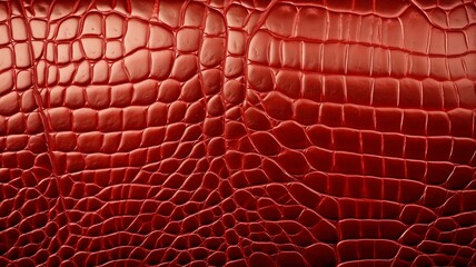 realistic image showcasing a vibrant piece of red crocodile leather, with the light highlighting its unique pattern and texture