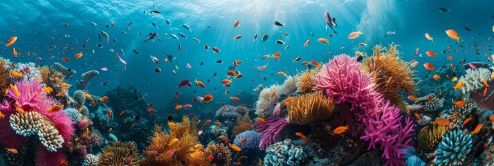 A large group of fish swimming over a vibrant coral reef, displaying the diverse marine life ecosystem in action