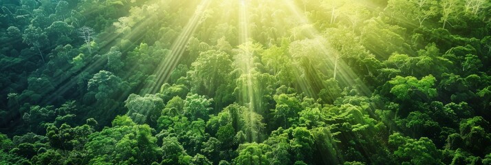Sun shining through dense trees in lush forest showcasing natural beauty and tranquility