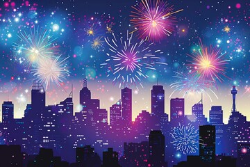 Experience the breathtaking beauty of a panoramic view of the illuminated city skyline as fireworks light up the night sky during the New Year's Eve festivities in Australia.