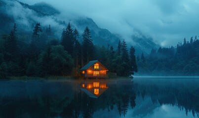 Fototapeta premium Illuminated Wooden house in the forest on a calm reflecting lake with the foggy mountains in the background at dusk