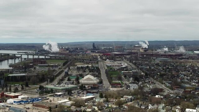 Sault Ste. Marie Canada static drone shot of manufacturing area
