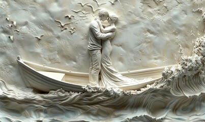 bas-relief, gypsum beautiful picture of a modern couple hugging, standing on a Boat