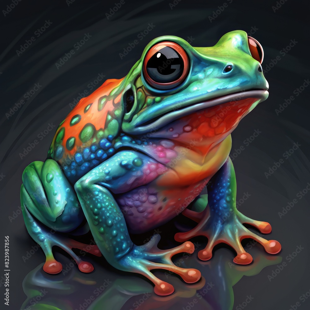 Wall mural Colorful Frog Perched on Black Surface. Generative AI