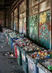 Fototapeta premium Plastic waste. Trash depot. Recycling. Environmental , man made waste. Industrial, packaging material trash.