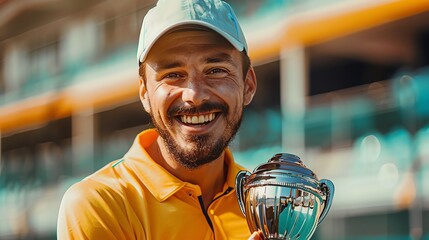 Athlete holding a trophy, with triumph and happiness