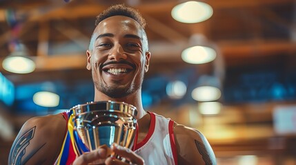 Athlete holding a trophy, with triumph and happiness