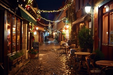 Experience the festive charm of Bastille Night in a quaint French street adorned with colorful decorations and lively outdoor cafes.