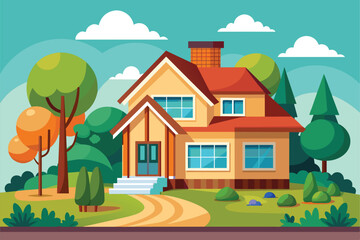 Residential House in a Green Landscape, Flat Design Vector Illustration