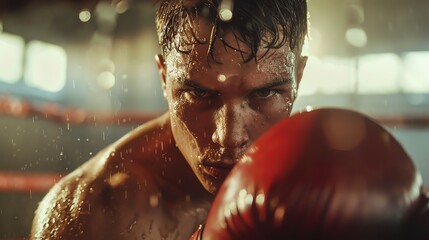 Boxer in the ring, with intensity and readiness to fight