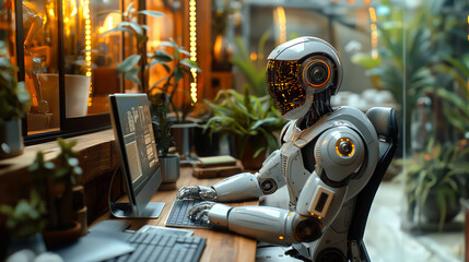 A humanoid robot is sitting at the desk in modern office and working on computer, depicting the future of artificial intelligence and robotics automation to replace human workforce