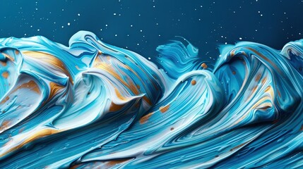   A painting featuring blue-gold waves against a dark blue backdrop, with a white center dot