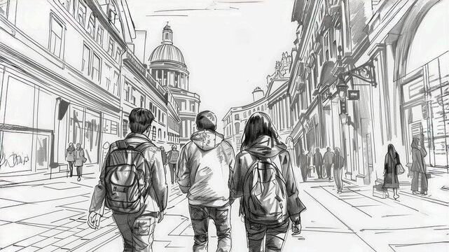 Architecture hand drawn human figures, man, woman, watercolor black outline drawings turnaround page, white background. Vector sketch for storyboard, Architecture projects