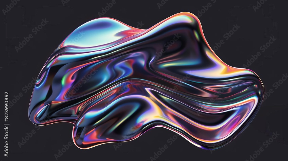 Poster iridescent liquid blob with smooth curves and holographic highlights isolated on black abstract back