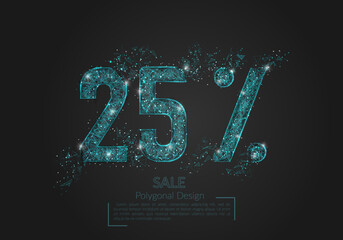 Abstract isolated blue 25 percent sale concept. Polygonal illustration looks like stars in the black night sky in space or flying glass shards. Digital design for website, web, internet.