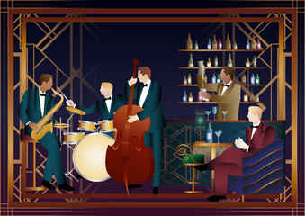 Jazz musicians and singer in a restaurant, cafe or bar. Double bass, saxophone, drum. Musicians play musical instruments