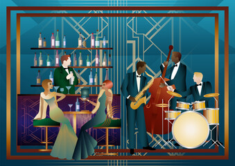 Fototapeta premium Jazz musicians and singer in a restaurant, cafe or bar. Double bass, saxophone, drum. Musicians play musical instruments