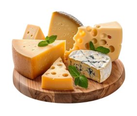 Types of cheese on a wooden board, transparent background
