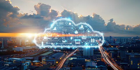 Modern industrial area aerial view and cloud computing concept. Communication network. INDUSTRY 4.0. Factory automation.
